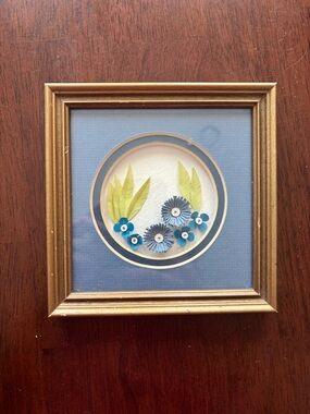 Quillwork Blue Floral Paper Art in Gold Frame